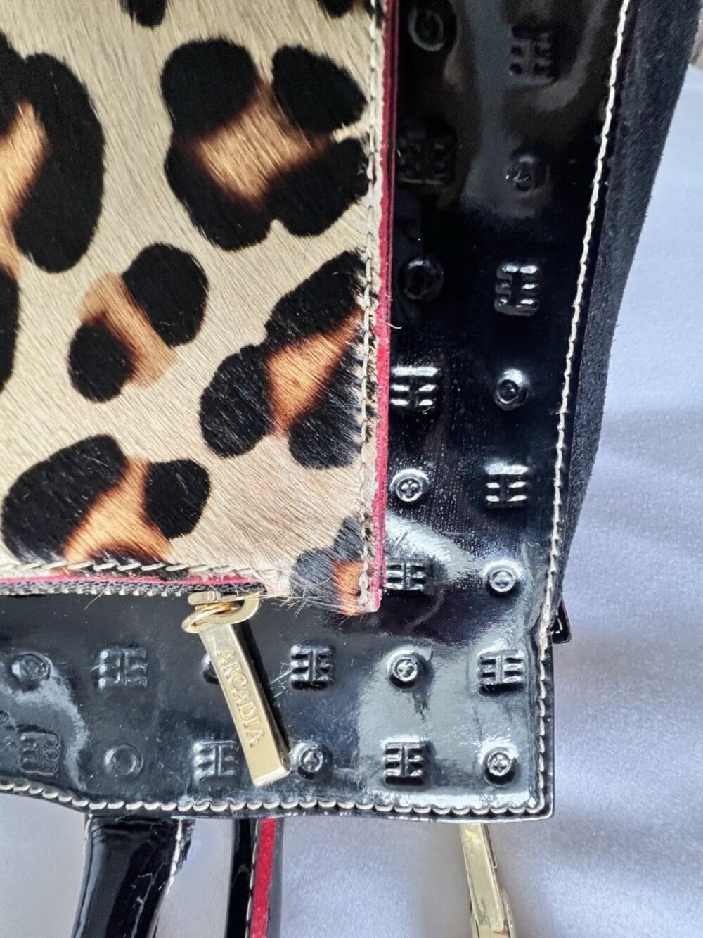 ARCADIA Patent Leather Handbag Crossbody Leopard Print Haircalf Made in Italy - Picture 6 of 14